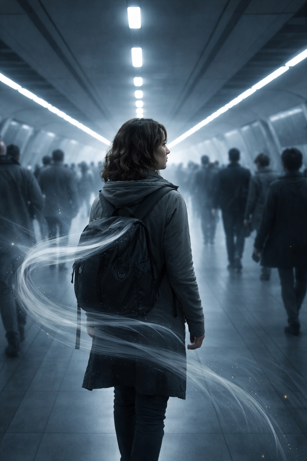 Aliya pauses within a controlled world as she senses what others cannot