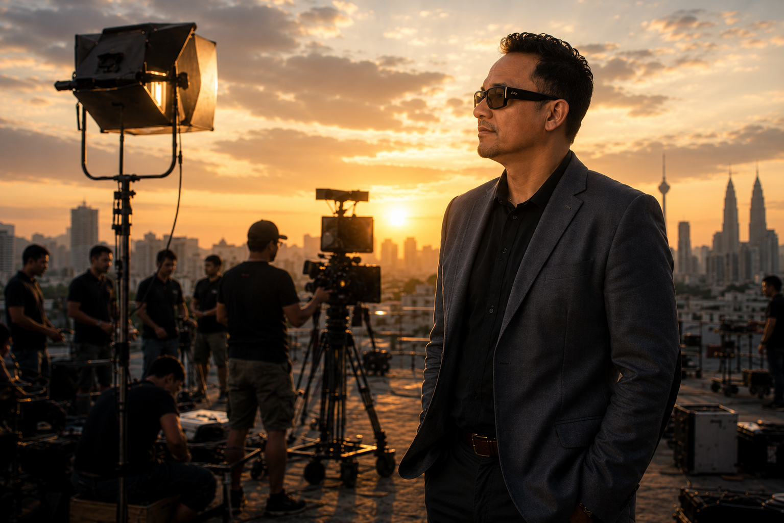 Luis M. Pazos on a film set at sunrise in Kuala Lumpur