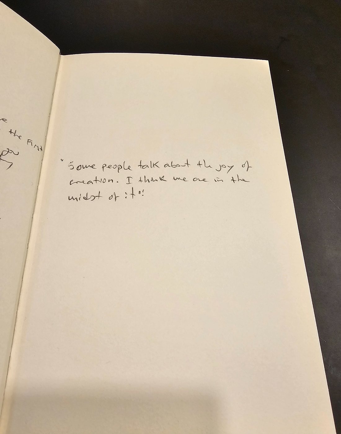 A handwritten reflection about the joy of creation