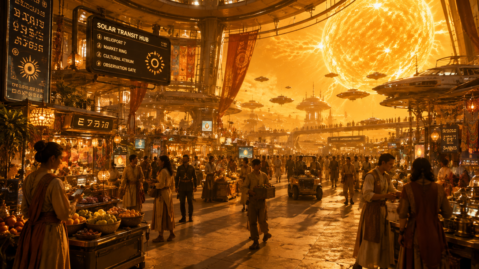 Stories of the Sun concept art showing human life within a vast solar city